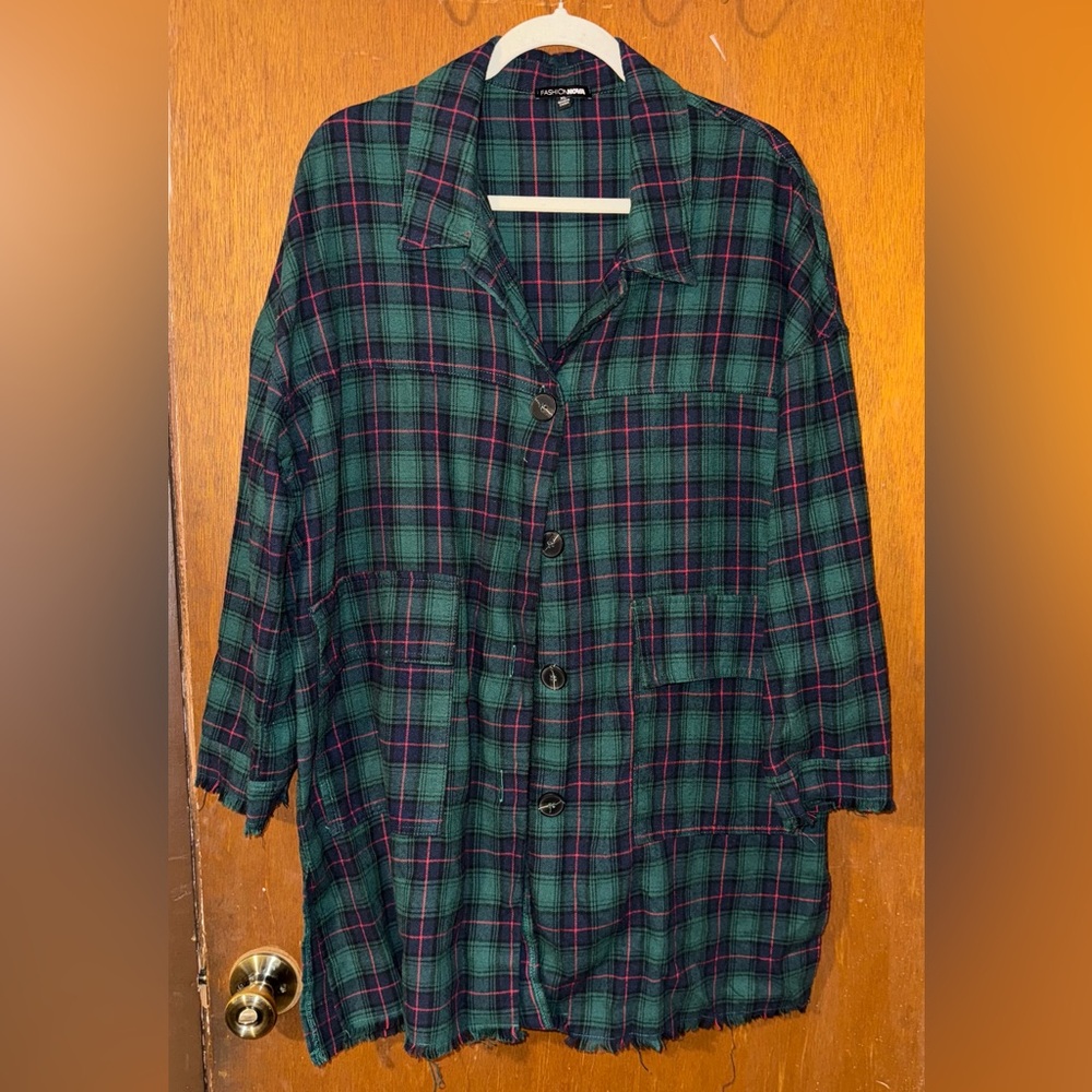 Fashion Nova Green and Pink Plaid Button Down Shirt